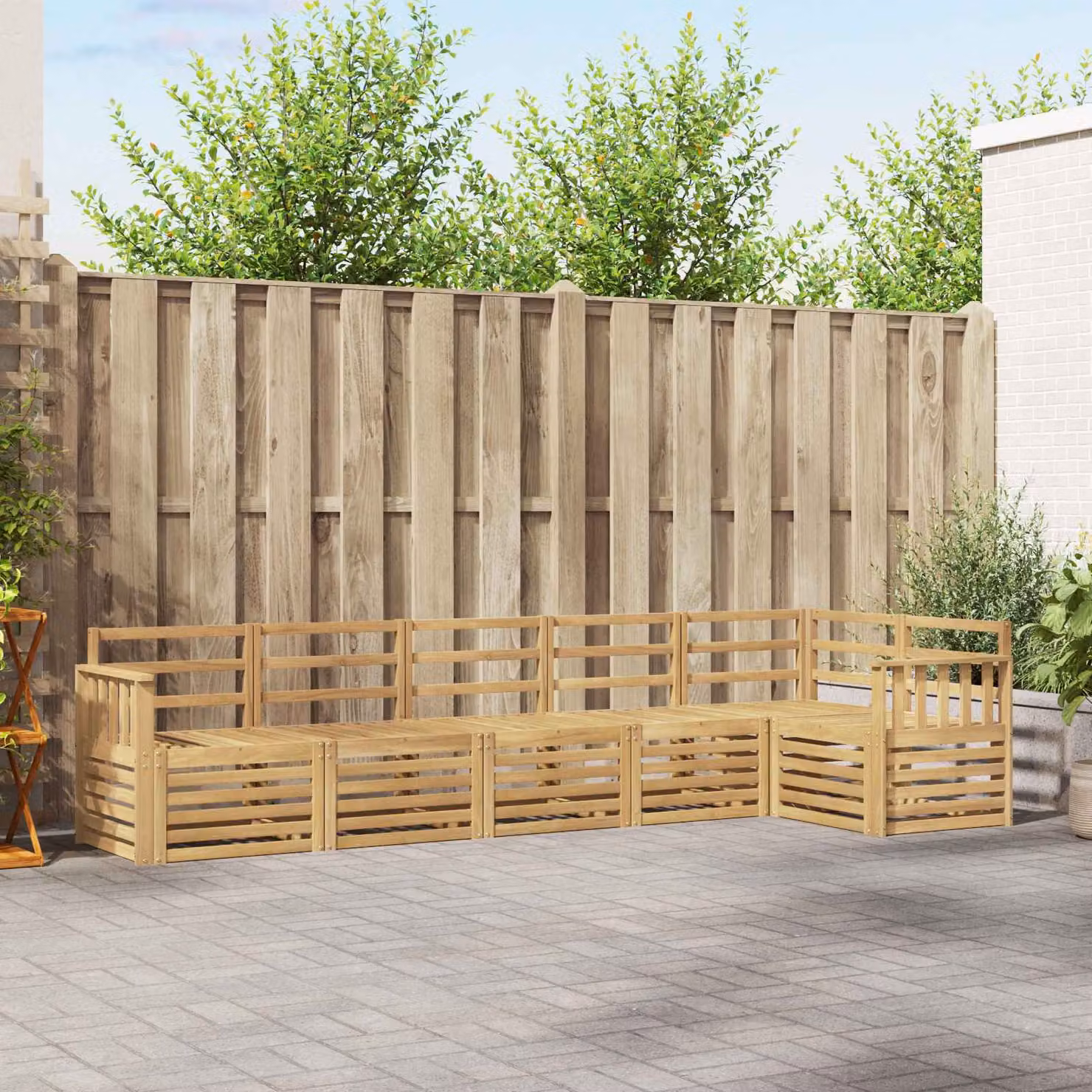 Set di divani da esterno vidaXL a forma di L composto da 6 pezzi in legno di acacia massello con cuscini bianchi e marroni per giardino e terrazza