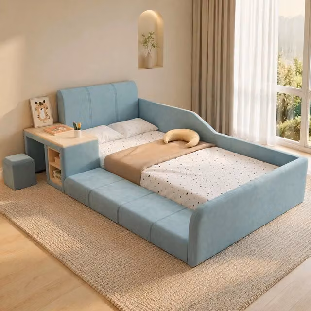 Letto singolo imbottito 90x200 cm con scrivania laterale e sgabello; velluto blu
