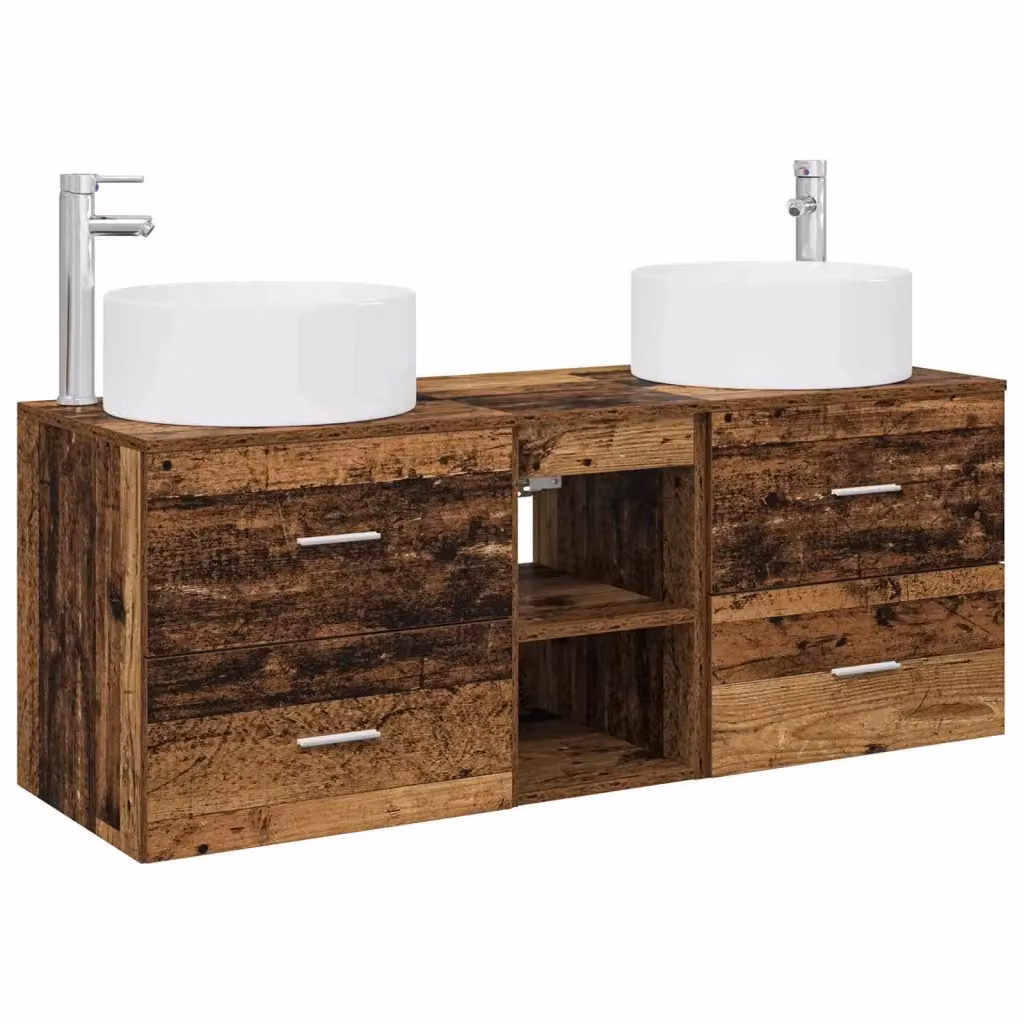 Set di mobili per il bagno 3 pezzi vidaXL in legno marrone con finitura opaca e dettagli argento, stile minimalista, composto da mobile lavabo e pensili – 2