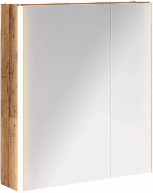 Mobiletto da bagno con specchio e illuminazione LED vidaXL in legno marrone con ante in vetro e ripiani interni, L: 70.0 cm, P: 15.5 cm, H: 63.5 cm
