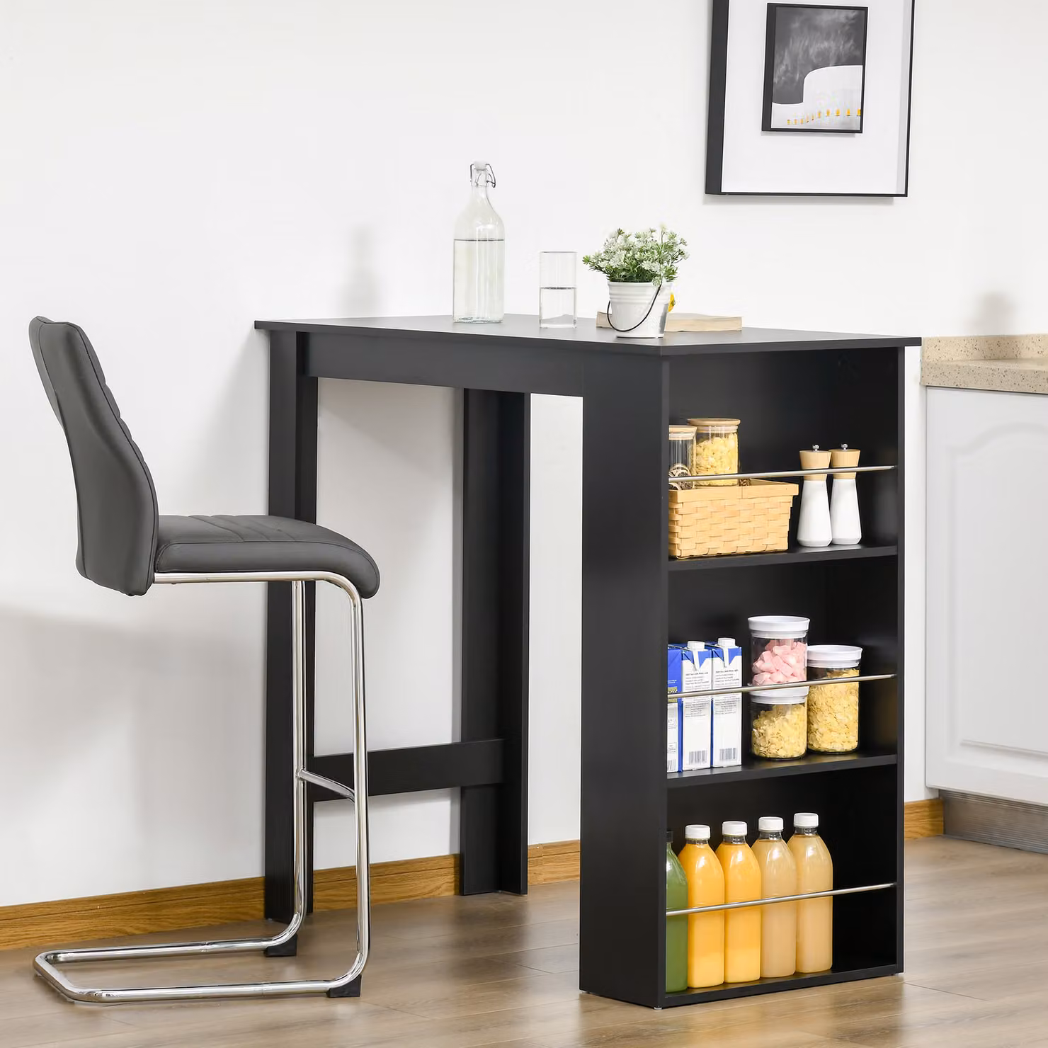 Bancone da cucina HOMCOM con 3 mensole in legno, tavolo da bar moderno nero L: 112 cm, P: 57 cm, H: 106 cm – 2
