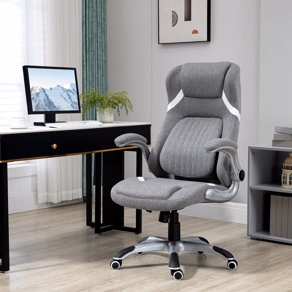 Sedia da Ufficio Presidenziale GIORDANOSHOP Grigia con Poggiatesta e Supporto Lombare in Tessuto, L/P/H: 68 x 76 x 109-117 cm – 2