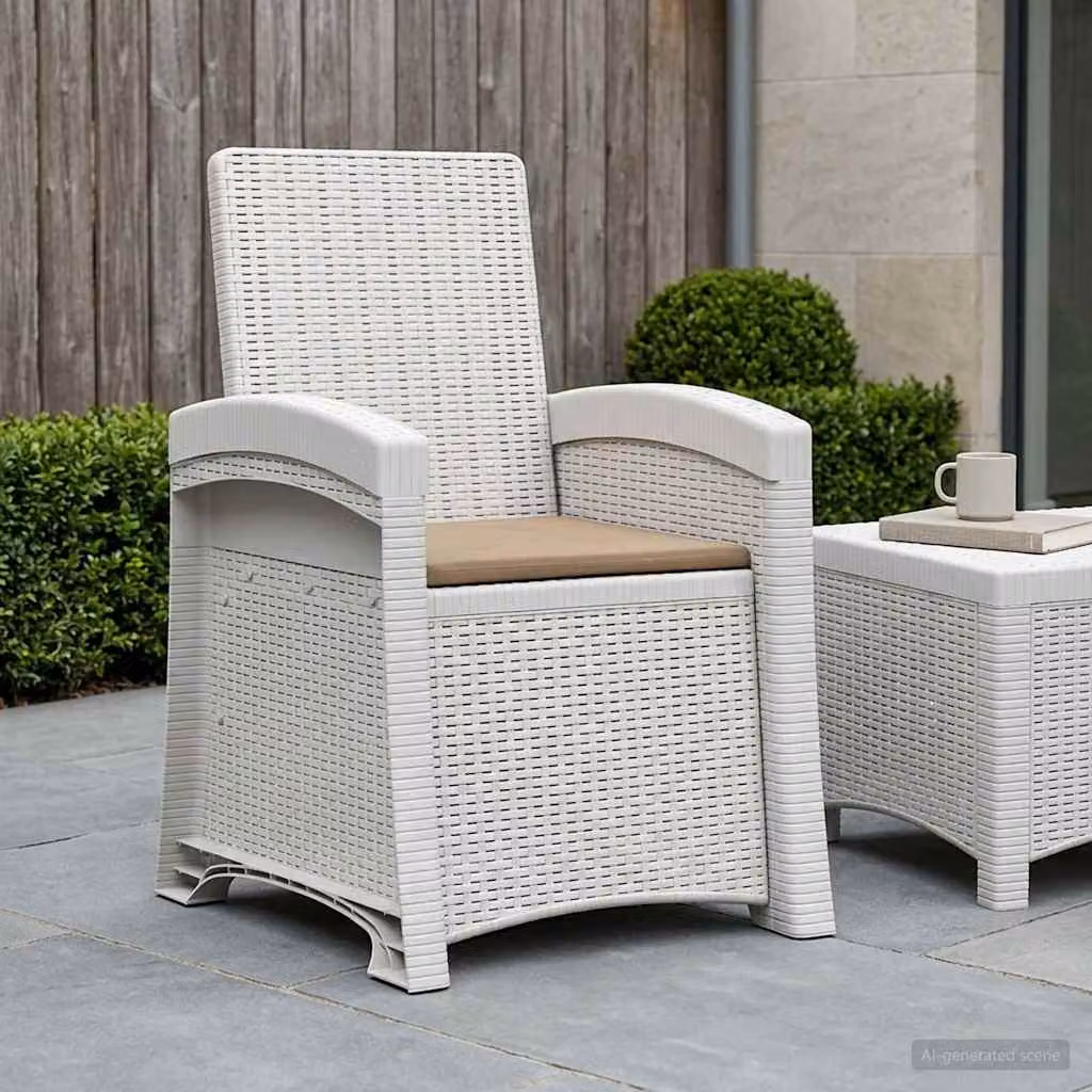 Sedia da giardino reclinabile vidaXL in effetto rattan con cuscini, resistente alle intemperie, Bianco e Beige