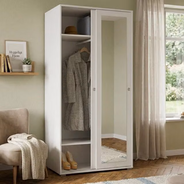 Armadio Guardaroba Abduhl DMORA con 2 ante scorrevoli e specchio, Bianco, L: 90 cm, P: 45 cm, H: 195 cm – 1