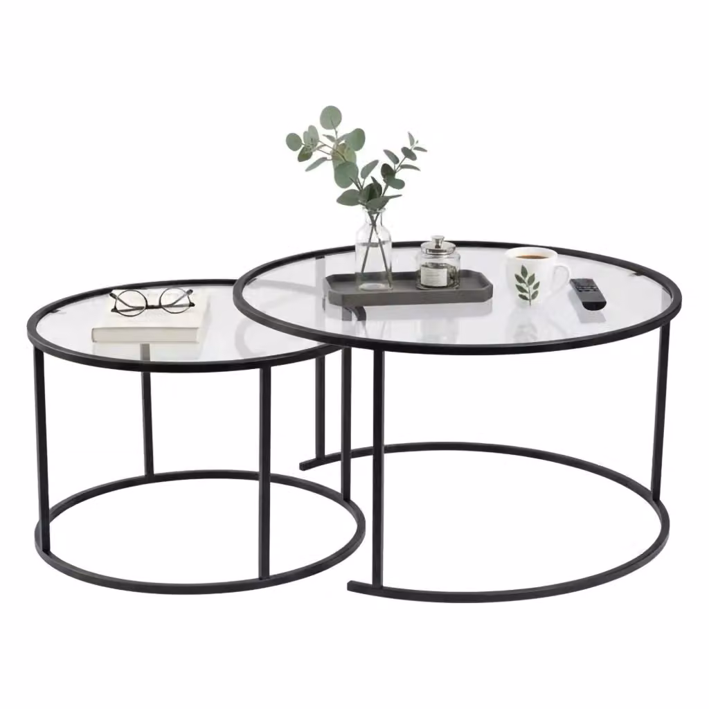 Set di 2 tavolini da salotto Aedion moderni in vetro nero e trasparente, L/P/H: 80 x 80 x 43 cm – 2