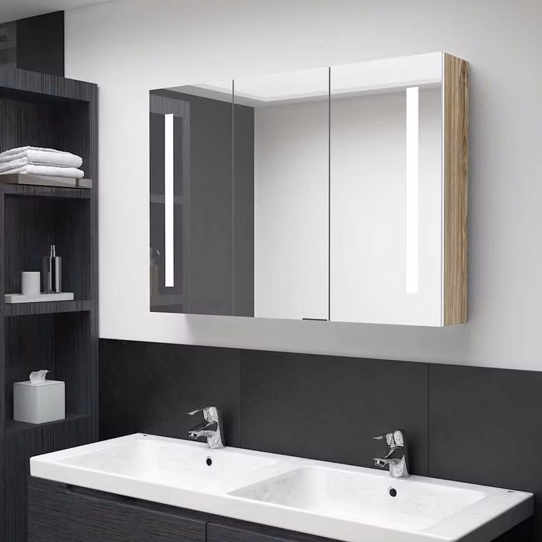 Armadietto da bagno con specchio e illuminazione LED vidaXL, Bianco e Rovere, L: 89 cm, P: 14 cm, H: 62 cm