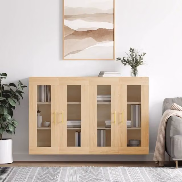 Set di 2 armadietti da parete vidaXL con ante in vetro e finitura rovere, colore marrone, ideali per il bagno