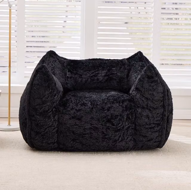 Poltrona sacco ULEVR 53x46x40 cm in pelliccia sintetica nera, imbottitura in schiuma triturata
