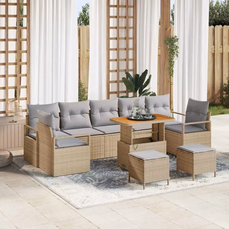Set Divano da Giardino vidaXL 10 Pezzi Beige con Poltrona, Tavolino e Cuscini in Polyrattan e Acciaio