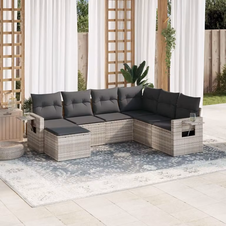 vidaXL Set Divani da Giardino 7pz in Polyrattan con Cuscini Grigio con Tavolino e Ottoman