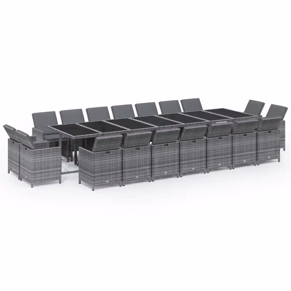 Set da pranzo da giardino vidaXL in polyrattan con cuscini e tavolo in vetro, 19 pezzi, grigio e nero – 2
