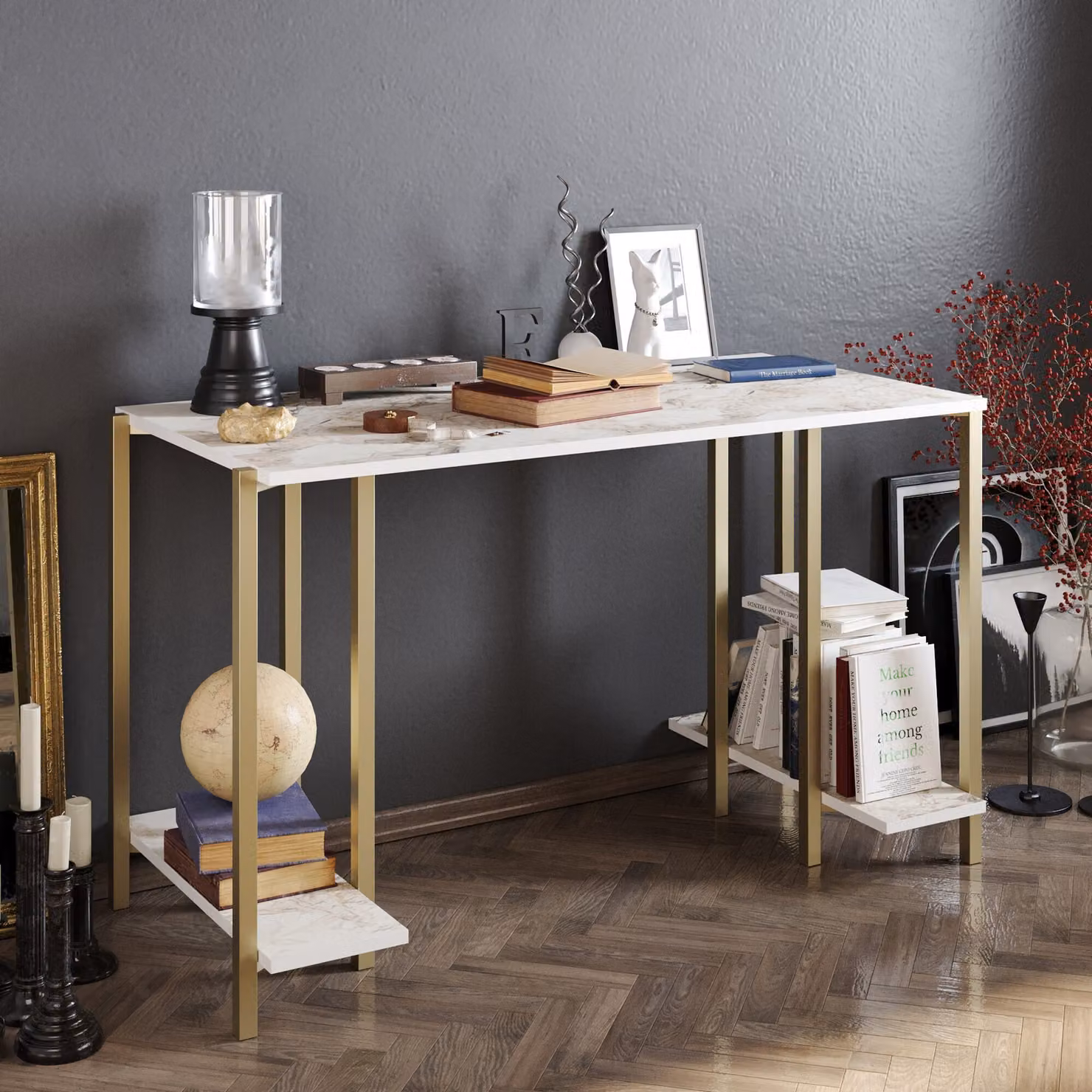 Skye Decor, Reader - Bianco, Oro, Scrivania, Bianco, Cartoncino rivestito al 100 % di melamina, 125 x 60 x 73,8 cm