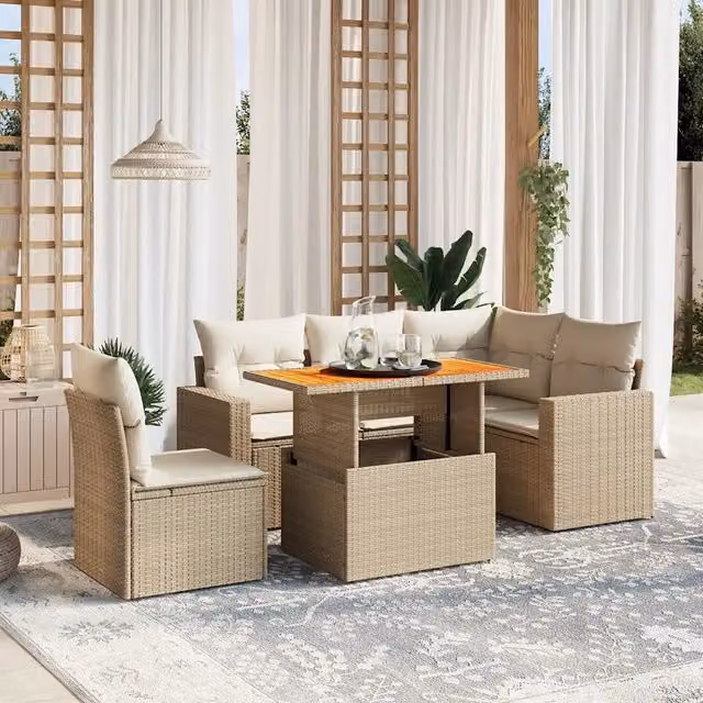 Set Divano da Giardino a L VIDAXL in Polyrattan Beige con Cuscini, 6 Posti