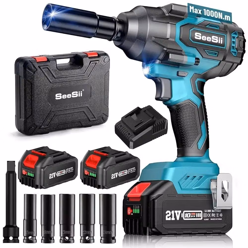 Set di avvitatori a percussione a batteria - Avvitatore a percussione 21V - Coppia di serraggio di 1000 Nm - Motore brushless - 2 batterie da 4,0 Ah - Luce LED - Ideale per il cambio pneumatici