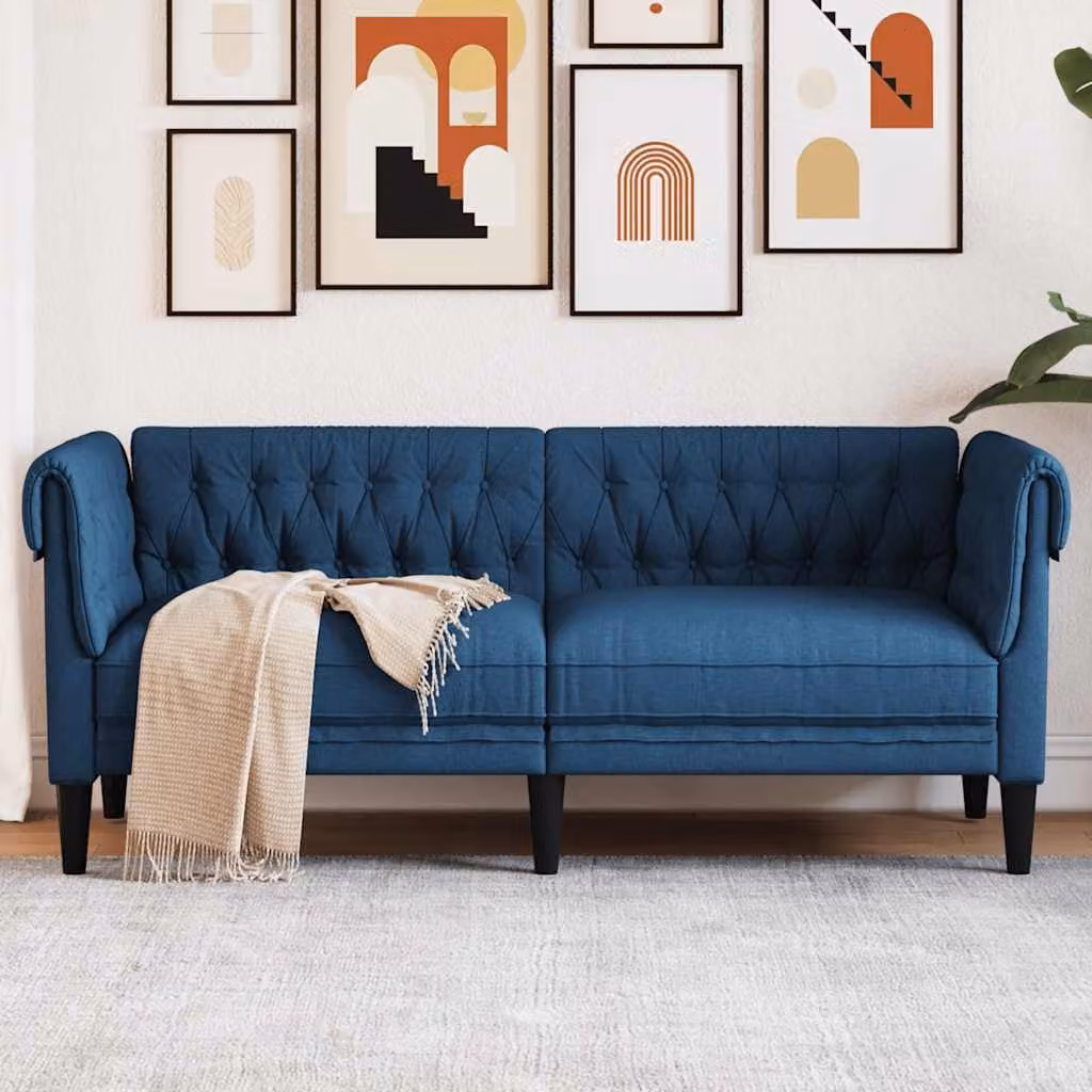 vidaXL Divano Chesterfield a 2 Posti in Tessuto Blu con Struttura in Legno