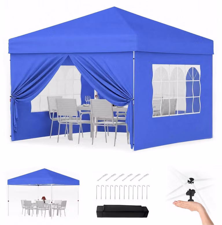 Gazebo da esterno 3x3 metri, impermeabile, con 4 pareti laterali, protezione UV 50+, colore blu