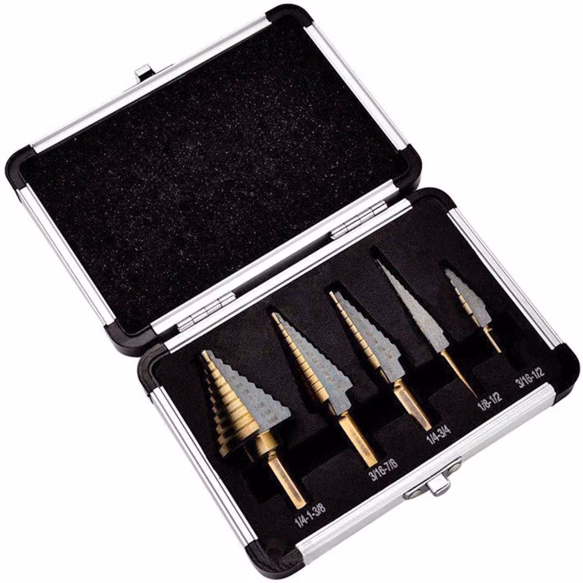 Set da 5 pezzi di punte da trapano a gradoni, sistema britannico, realizzate in acciaio HSS con rivestimento in titanio e gambo triangolare