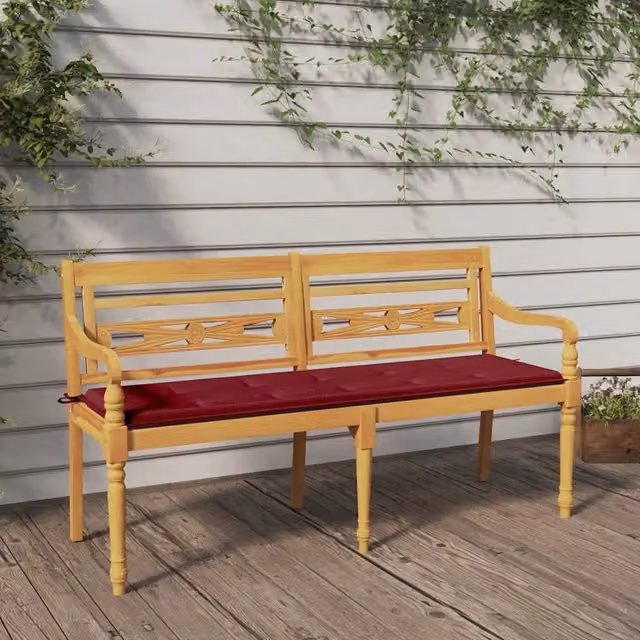 Panchina Batavia vidaXL in legno di teak massello con cuscini rossi e marroni L: 150 cm