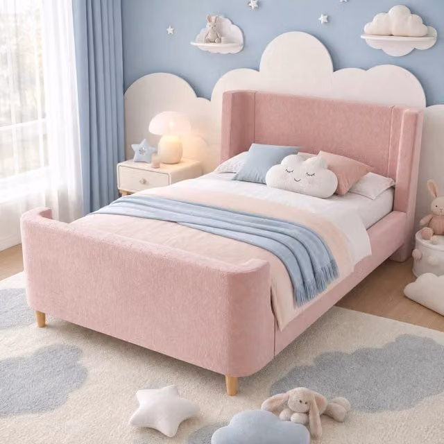 Letto singolo imbottito 90 × 200 cm a slitta in velluto rosa con rete a doghe e motivo spaziale per bambini