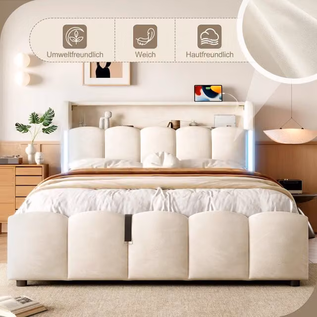 Letto contenitore matrimoniale 140×200 cm con LED, USB, Type-C e testiera con vano, senza materasso, velluto beige
