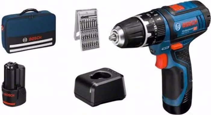 Trapano a percussione Bosch Professional GSB 12V-15, 2 batterie da 2,0 Ah, 25 accessori, borsa inclusa, 30 Nm