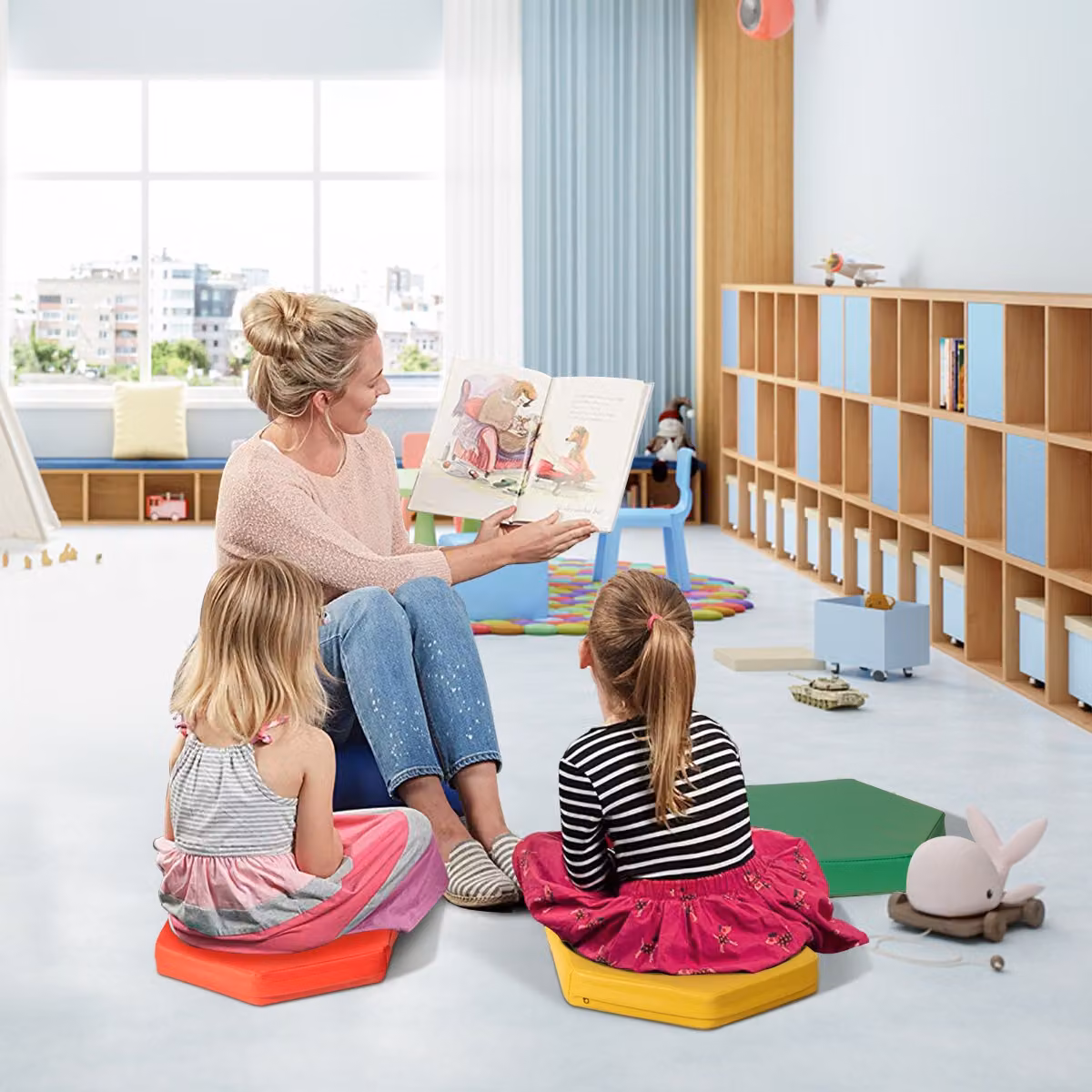 Costway Set di 6 cuscini esagonali morbidi con maniglie per bambini, Sedili portatili e flessibili per scuola Arcobaleno