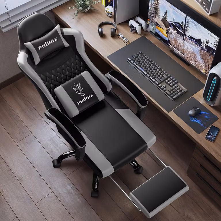 Sedia da gaming con poggiapiedi e cuscini, ergonomica, regolabile in altezza, girevole, nera e grigia