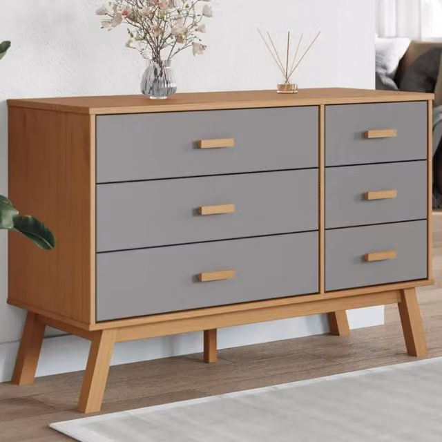 Cassettiera scandinava vidaXL in legno di pino cerato, Grigia e Marrone – 1