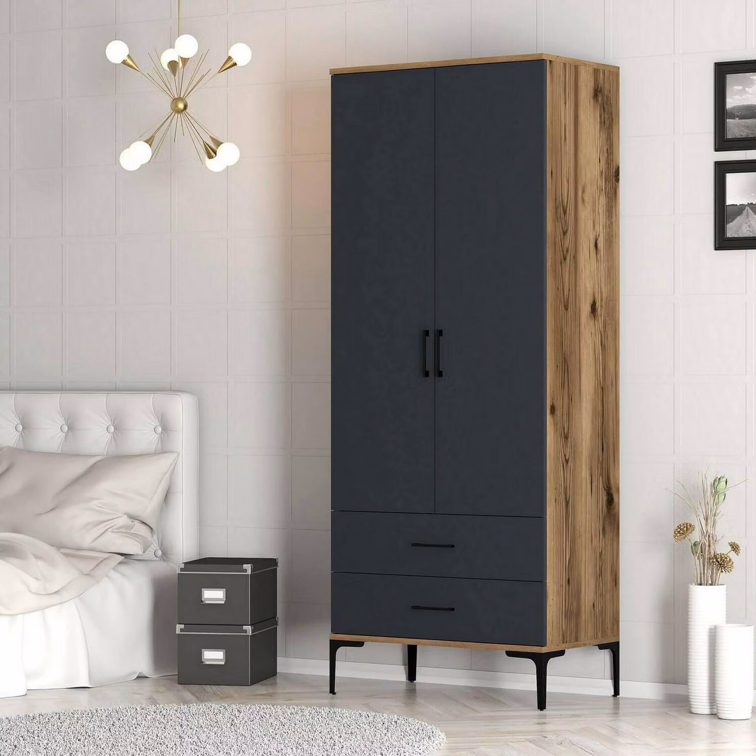 Dmora Guardaroba 2 Ante Doriana 47.5x201.4h cm Nero Antracite, Appendiabiti 2 Ante
