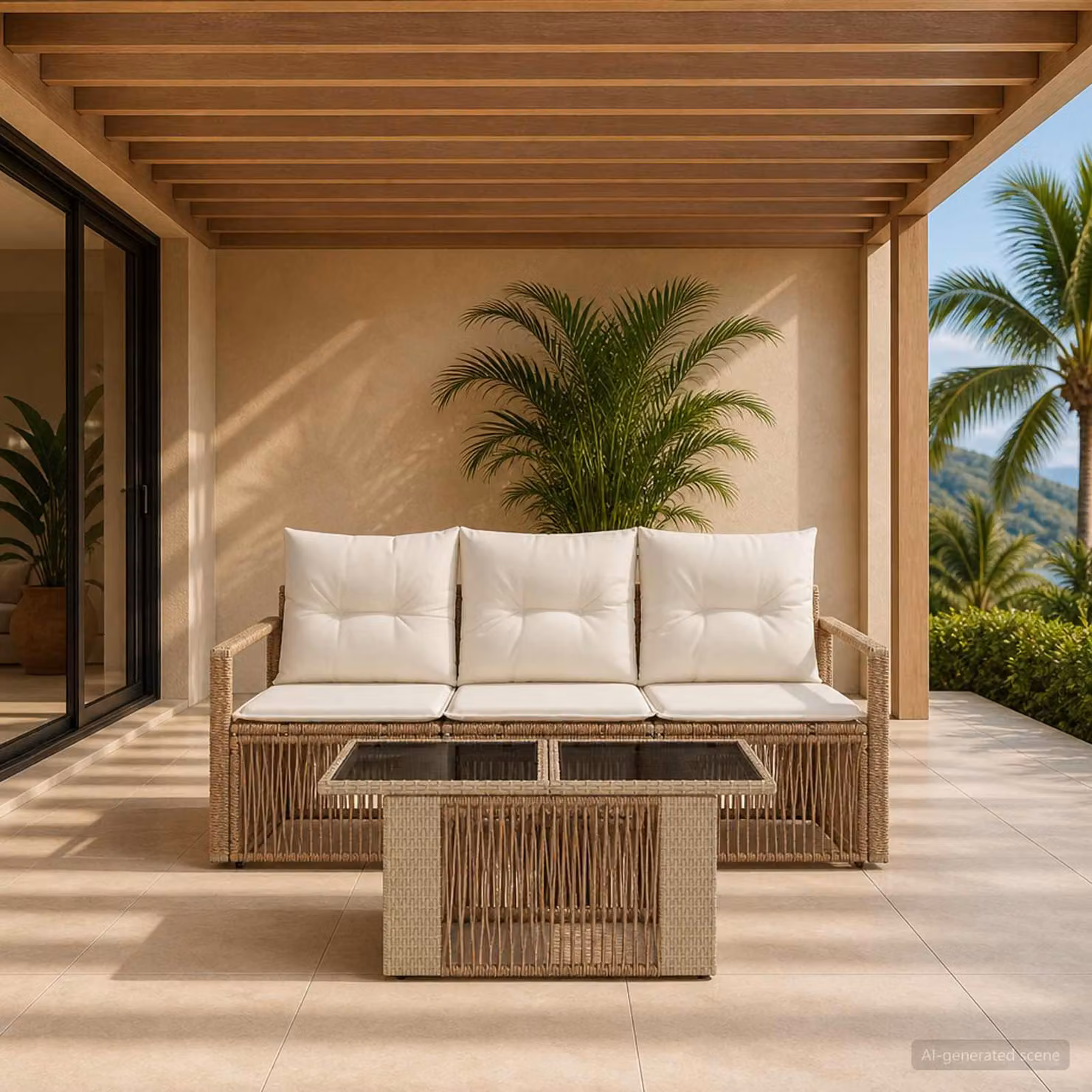 Set Divano da Giardino e Tavolino vidaXL 4 pz in Polyrattan Beige e Bianco Crema con Cuscini Imbottiti e Coperture Rimovibili