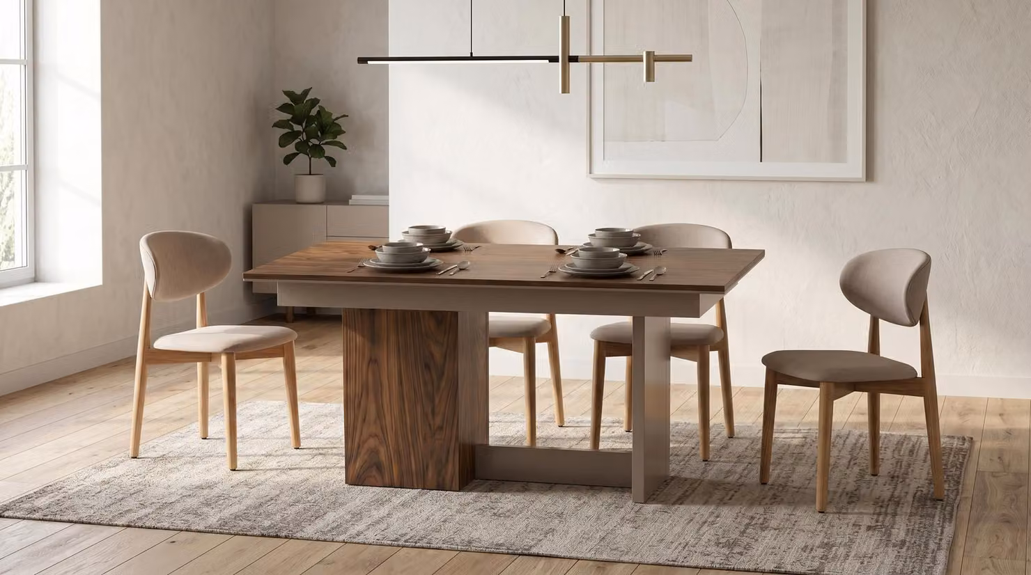 Set moderno per sala da pranzo, composto da un tavolo e 4 sedie, in legno color beige, ideale per un ambiente elegante