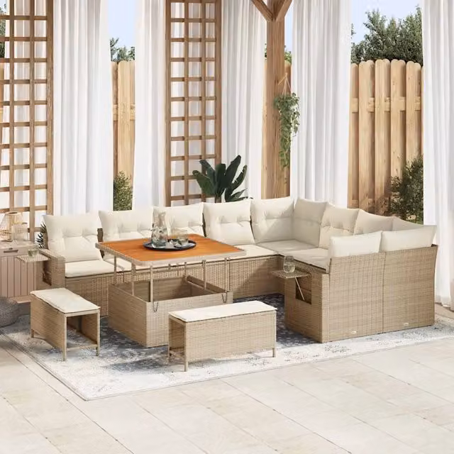 Set Divano da Giardino 12 Pezzi vidaXL Beige con Cuscini e Tavolino da Esterno in Polyrattan e Acciaio – 1