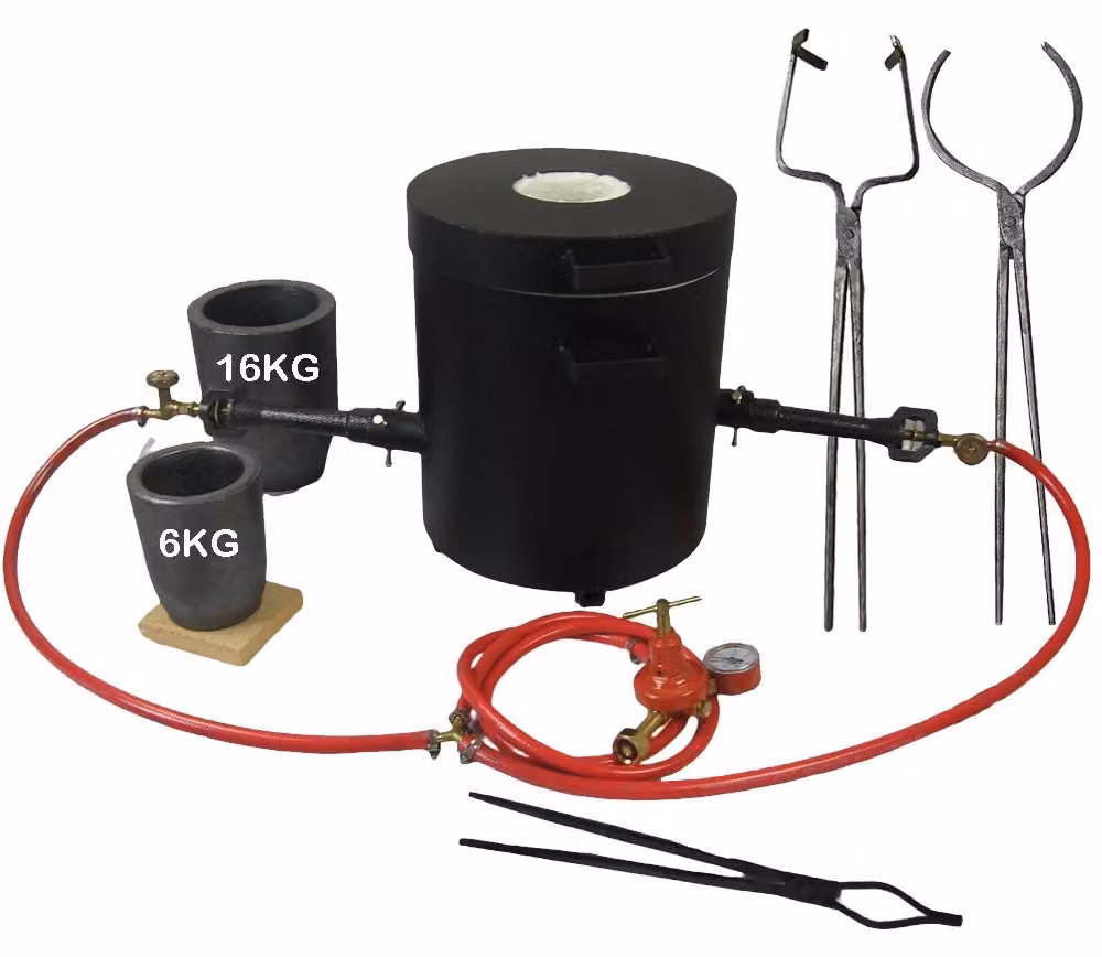 Fornace per fusione metalli F616KB+HQ - Forno per colata - Capacità: 16 kg - Doppio bruciatore - 2 pinze - Adatta per oro, argento e rame