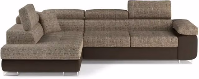 Divano angolare trasformabile MENTON MEUBLORAMA beige e cioccolato in tessuto bouclé con angolo sinistro, funzione letto e vano contenitore L 272 x P 145 x H 85 cm – 1