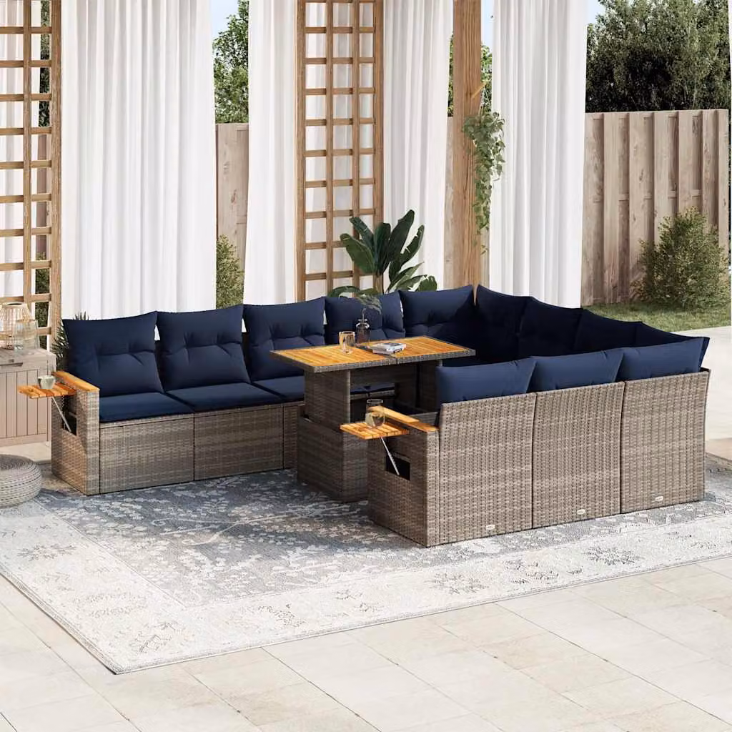 Set di divani da giardino vidaXL in polyrattan e legno di acacia con cuscini, forma a L, grigio e blu