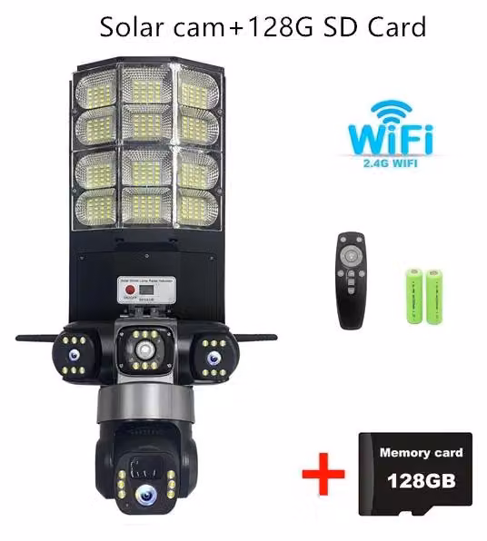 Telecamera solare per lampioni stradali - Telecamera IP Wi-Fi - 15 MP - Zoom 10x - Inclinazione/rotazione/zoom - Rilevamento del movimento - 128 GB - Grado di protezione IP66