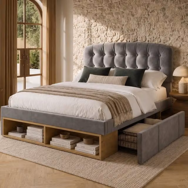 Letto matrimoniale in velluto grigio 140x190 testiera curva cassetti doghe