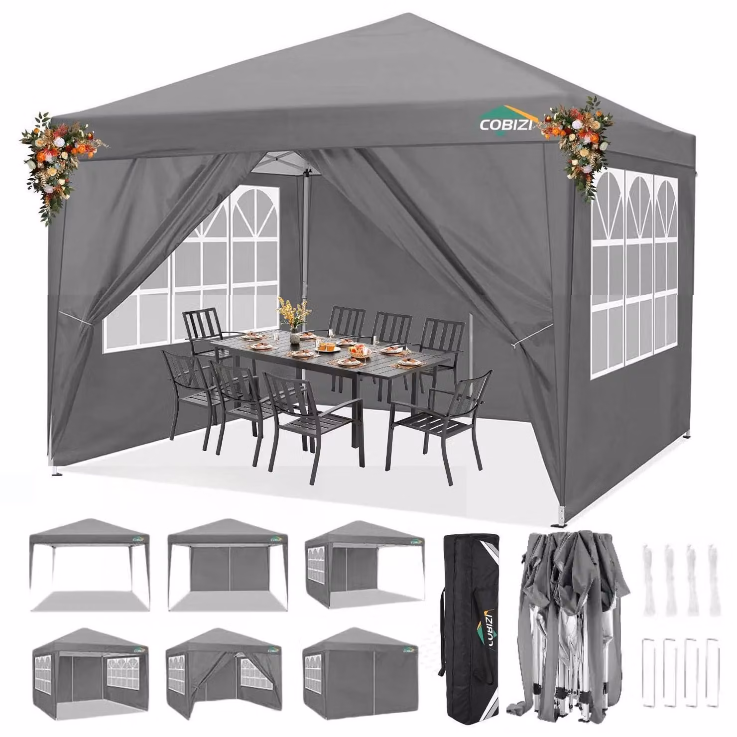 Gazebo da esterno 3x3 metri, grigio scuro, impermeabile, con protezione UV 50+, dotato di 4 pareti laterali e accessori