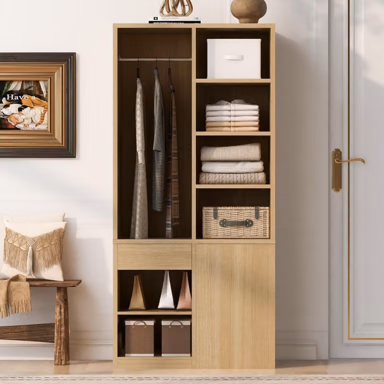 Armadio okwish con 4 cassetti, ripiani e appendiabiti, armadio singolo in legno, versatile