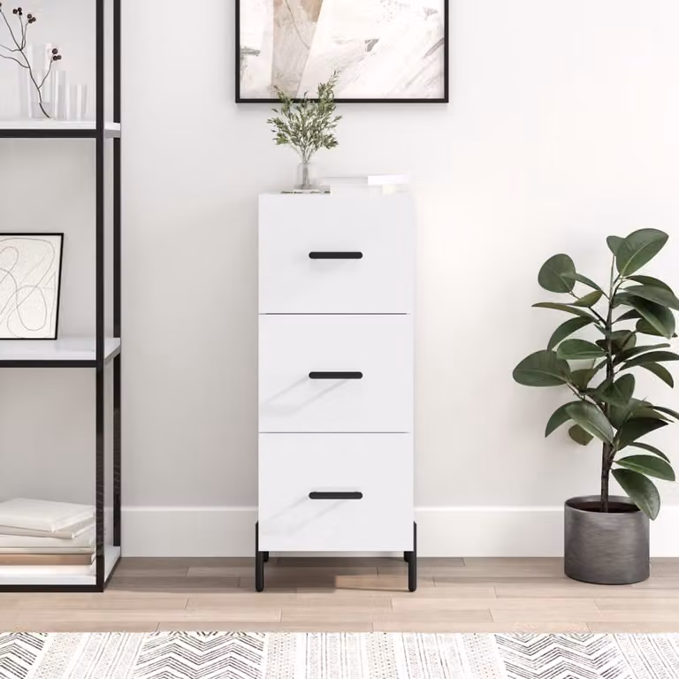 Credenza vidaXL Bianco Lucido in Legno Multistrato e Metallo, L/P/H: 34,5 x 34 x 90 cm
