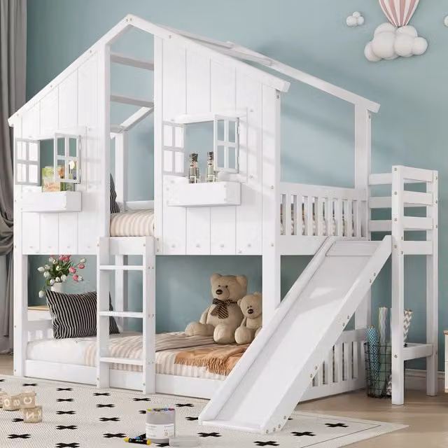 Letto a castello REDOM per bambini con scivolo, tetto e finestre, colore bianco, L/P/H: 200 x 90 x 158 cm