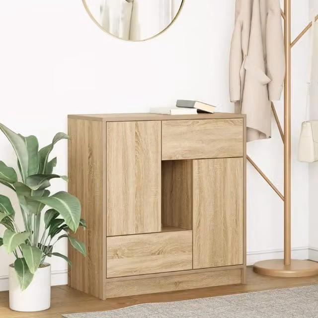 Credenza con cassetti e ante Design Mania in finitura Rovere Sonoma, colore marrone, L: 70,5 cm, P: 34 cm, H: 74,5 cm