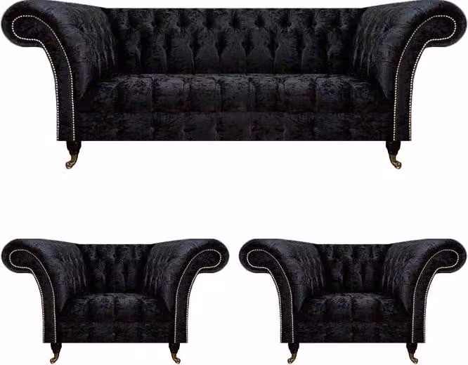 Designer Schwarze Chesterfield Garnitur Edle Lehnsessel Polster 3-Sitzer