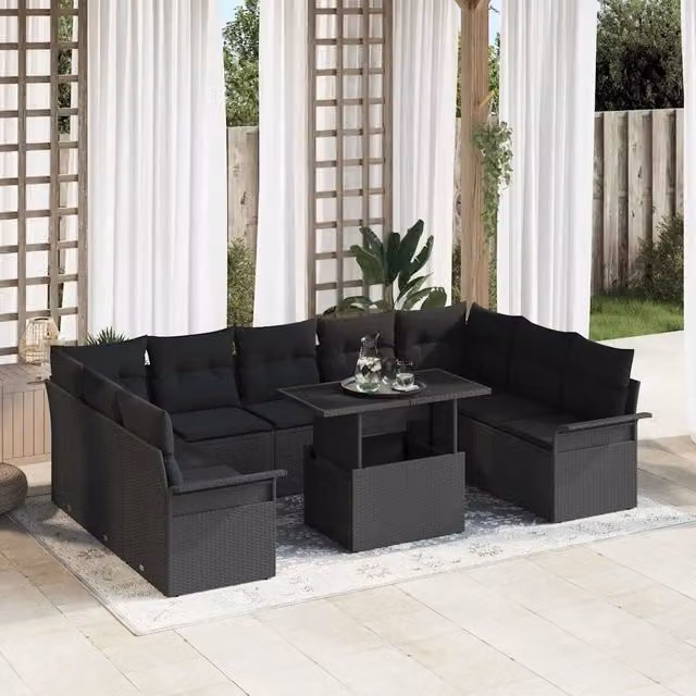 Set Divano da Giardino 10 pz Nero Poly Rattan 3348349