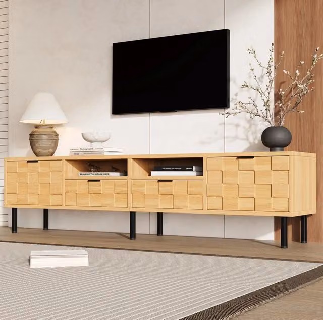Mobile TV in legno naturale 200x35x44,5 cm con 2 cassetti e 2 ante, supporto fino a 40 kg, ideale per TV fino a 80"