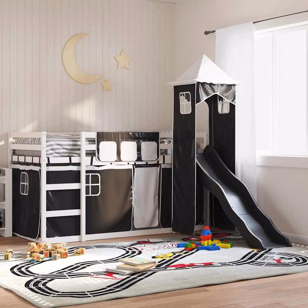 Letto a Castello con Scivolo e Tende vidaXL in Legno di Pino Bianco, Nero e Antracite, 90x200 cm – 1