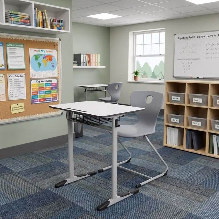 Set per la scuola: scrivania ergonomica grigia, sedia grigia