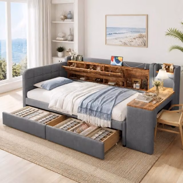 Letto Giorno 90x200 cm con 2 Cassetti, Scrivania Laterale, Porte USB e Tipo C, Tessuto Lino Grigio, Struttura in MDF senza Materasso