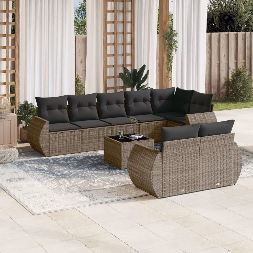 vidaXL Set Divano da Giardino 9 pz a forma di U in Polyrattan Grigio con Cuscini e Tavolino – 1
