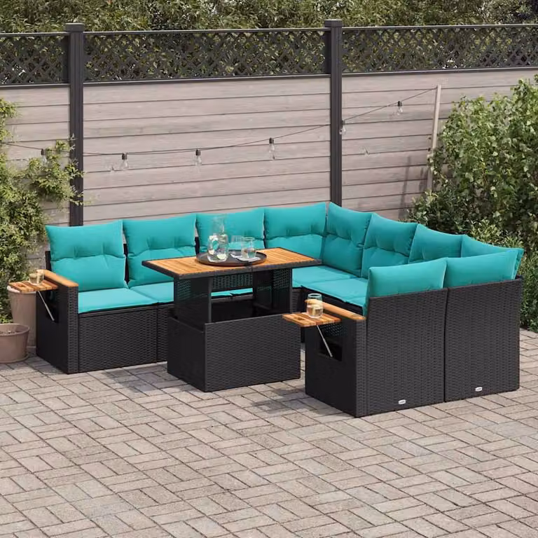 Set di divani da giardino vidaXL 9 pezzi in polyrattan con cuscini e tavolino, design moderno a forma di L per esterno, nero e turchese